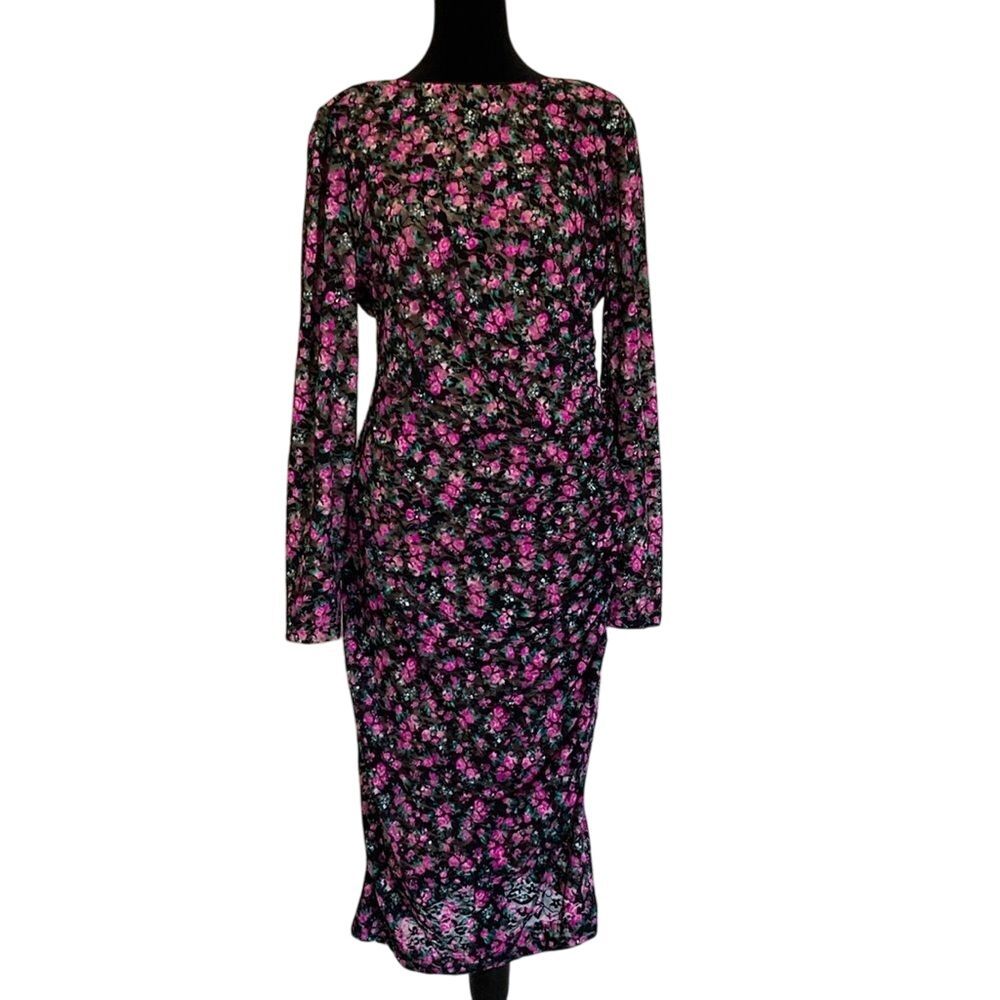 Dress The Population Mona Floral Boat Neck Dress Womens Size L Black Pink‎ Lace